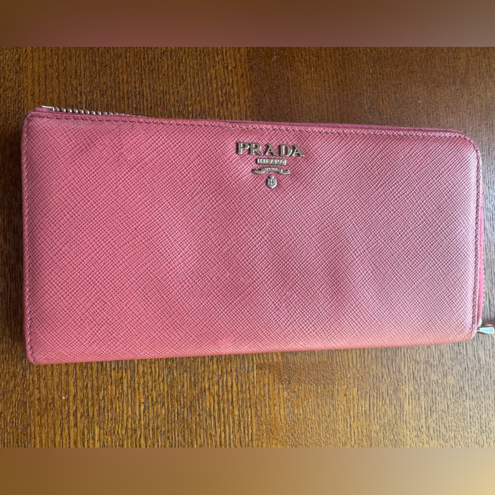 PRADA  Rose/Pink Saffiano Leather Half Zip Long Wallet-EUC-W/COA